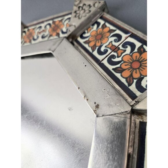 Mexican Punched Tin and Talavera Tile Octagonal Frame Floral Folk Art Boho Decor - Picture 6 of 8